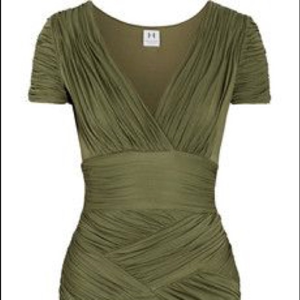 Halston Heritage Tan Ruched V-neck Dress, Small - Picture 2 of 7